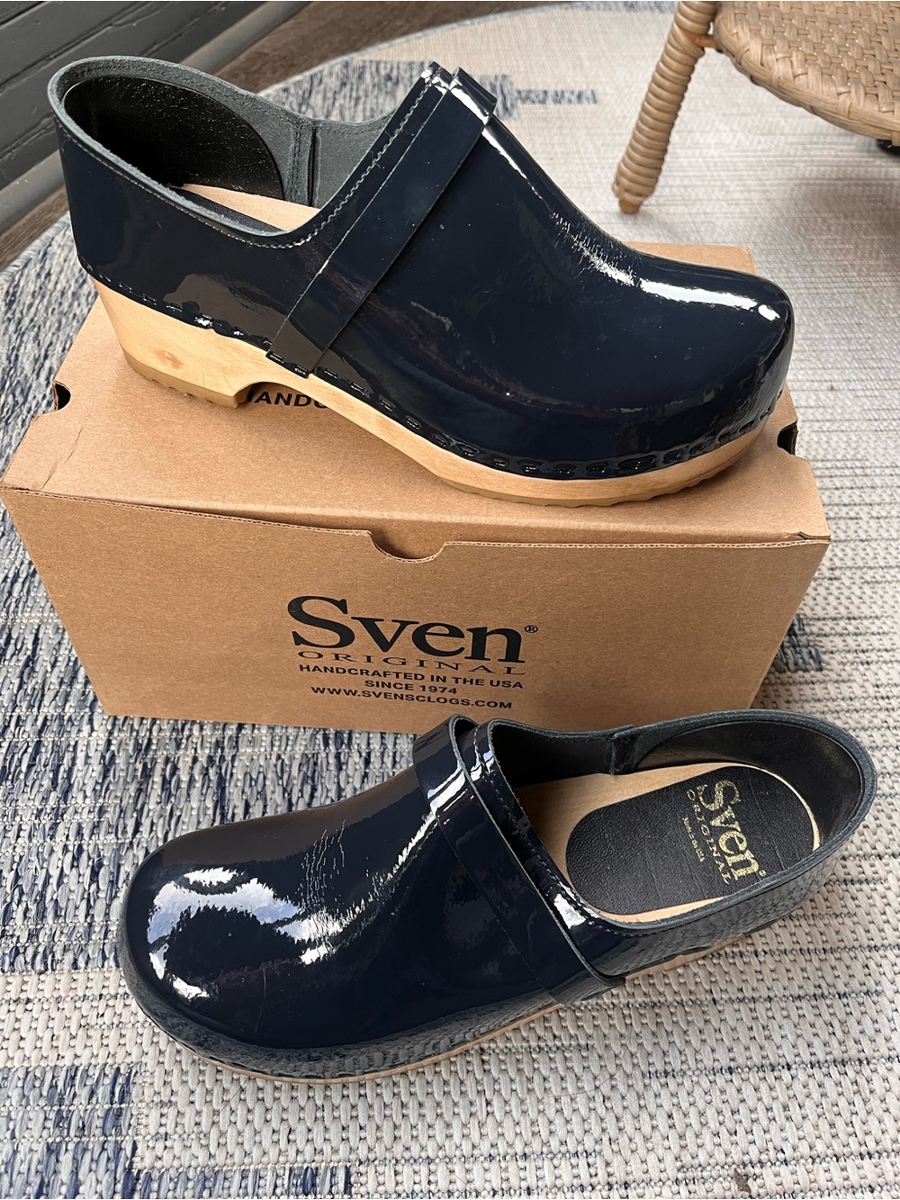 Sven Navy Patent Leather Clogs with Wood Sole